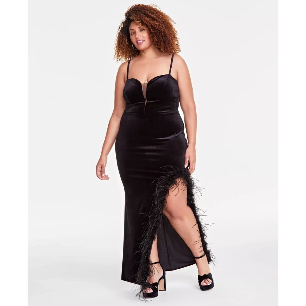 B Darlin Women's Trendy Plus Size Velvet Feather-Trim Gown Maxi Dress Black 20W